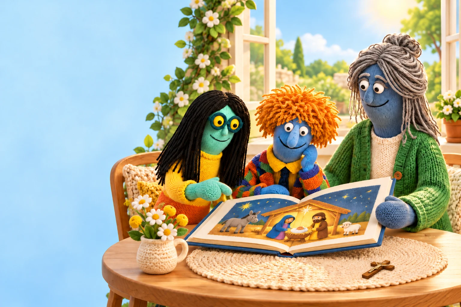 Clara and Noah share an illustrated Nativity story with a grown-up beside a sunny garden window.